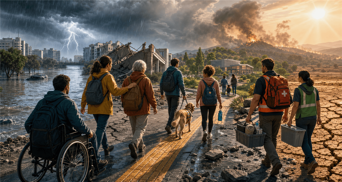 Persone con diverse disabilità e figure di supporto attraversano un territorio segnato simbolicamente da alluvione, temporale, incendio e siccità.