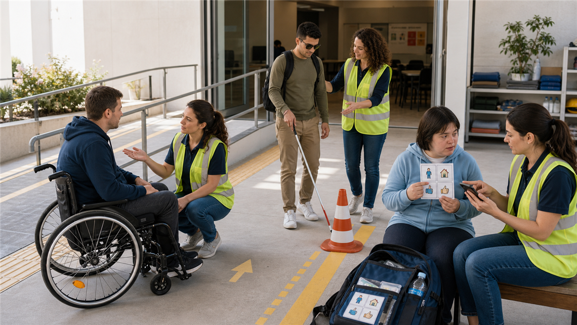Una persona in carrozzina, una persona cieca con bastone, una persona con sindrome di Down che utilizza simboli CAA e alcune operatrici preparano insieme percorsi e comunicazione accessibile.