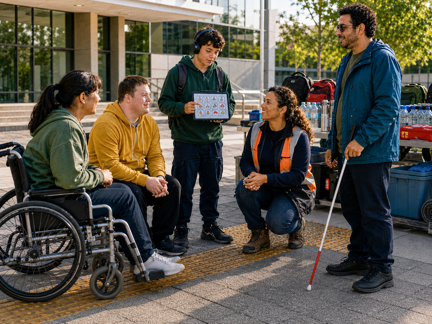 Persone con diverse disabilità partecipano a un incontro di preparazione all’aperto, con carrozzine, bastone bianco, simboli di comunicazione, acqua e kit.