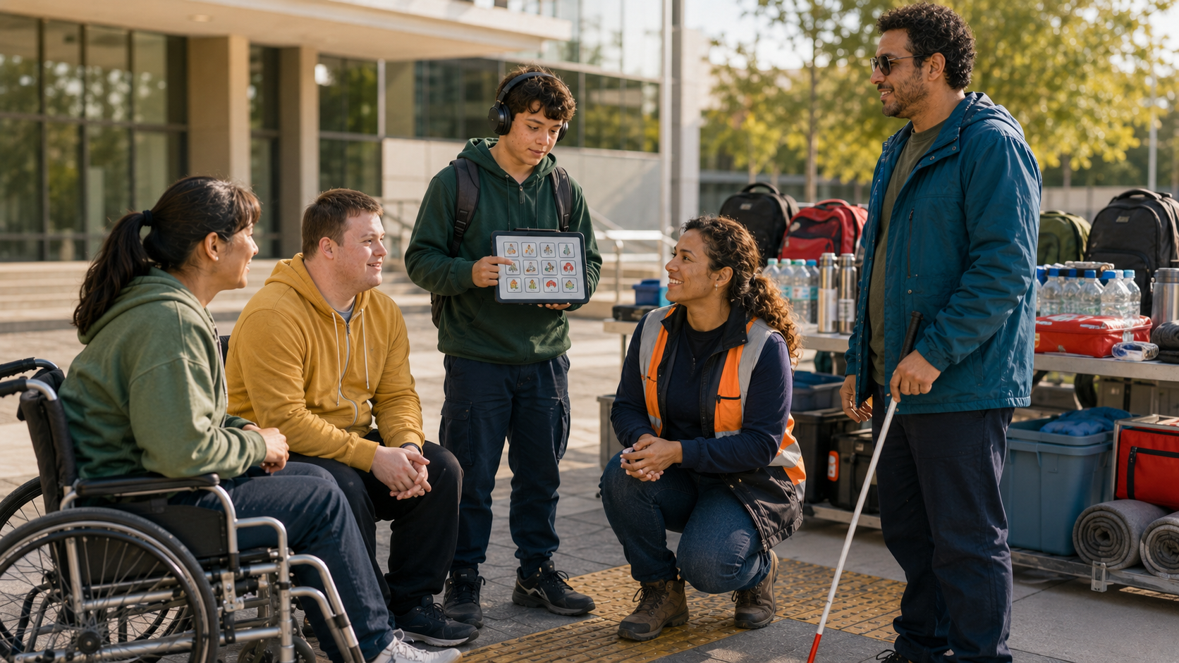 Persone con diverse disabilità e operatori preparano insieme materiali, comunicazione e kit per una situazione di emergenza.