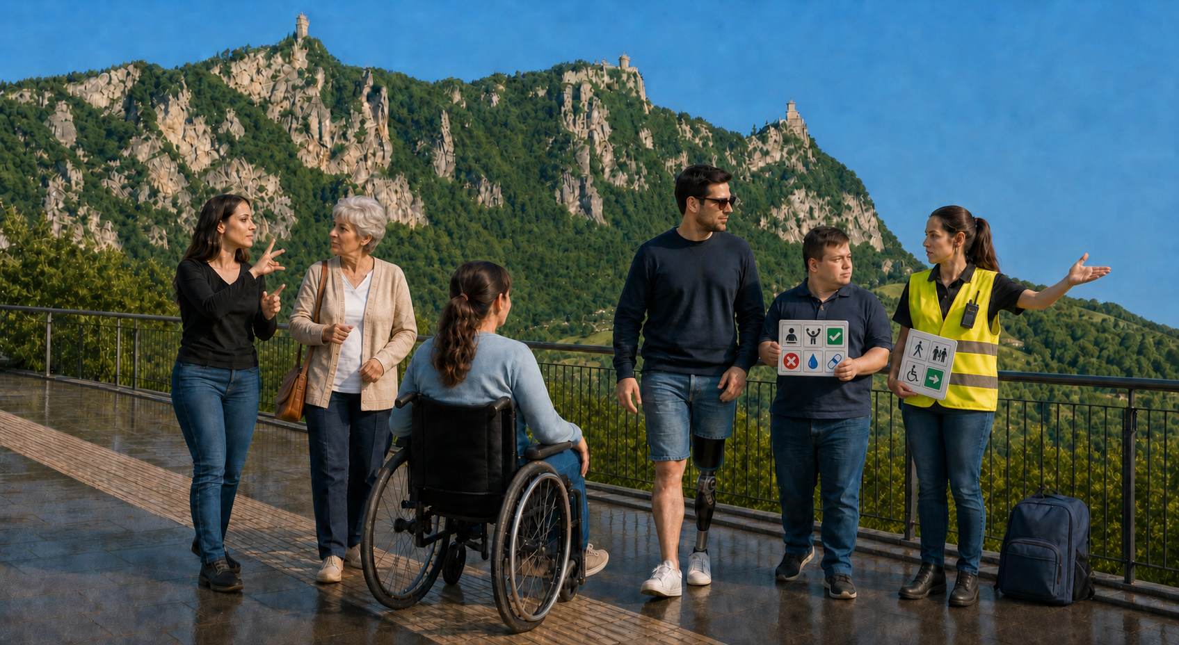 Gruppo di persone con diverse disabilità e operatrice che prepara un percorso sicuro sul territorio di San Marino con supporti di comunicazione.