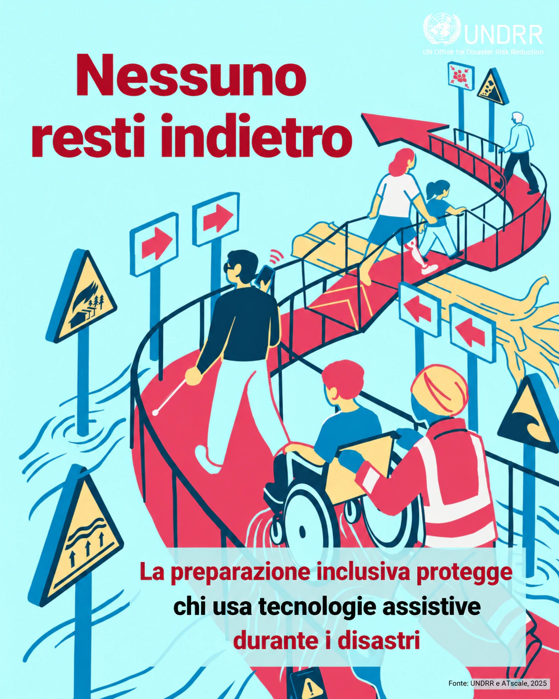 Poster: nessuno resti indietro; la preparazione inclusiva protegge chi usa tecnologie assistive durante i disastri.